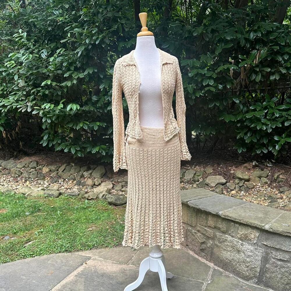 70s cream crochet skirt and cardigan set